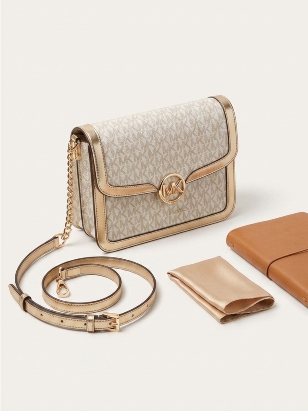 Michael Kors Beige and Gold Logo Crossbody Bag